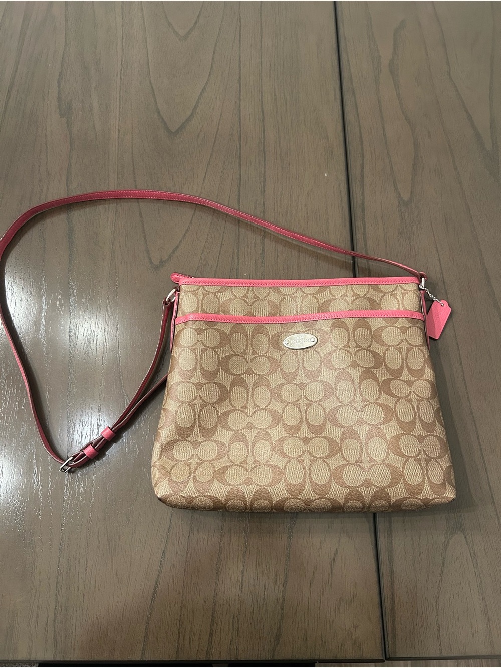 Coach Tan Signature Crossbody with Pink Trim